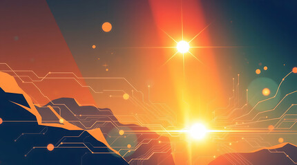 Abstract Futuristic Landscape with Glowing Orbs, Angular Mountains, Circuit Patterns, and Gradient Sky Evoking Sci-Fi Atmosphere