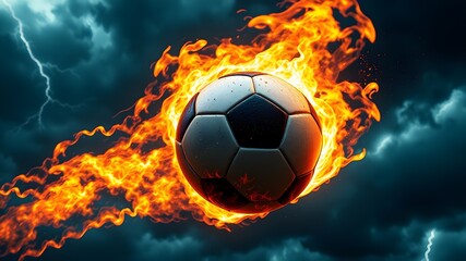 Naklejka premium Burning Football Flying in Stormy Sky