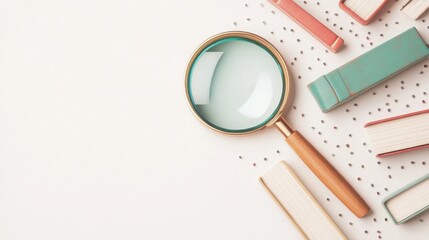 A magnifying glass is positioned near colorful books, creating a curious and scholarly atmosphere perfect for study or exploration.