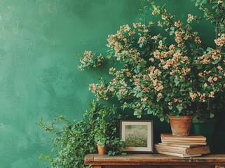 A 3D rendering illustration features a horizontal blank frame mockup situated in a living interior alongside a slat sideboard, a wicker lantern, and a plant in a basket, all set against an empty