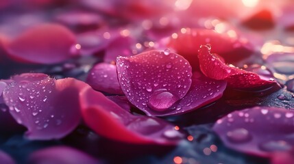 Delicate pink rose petals glisten with dew, creating a tranquil and romantic atmosphere, perfect for nature and floral themes.