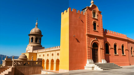 Vibrant Architectural Scene Featuring Historical Building with Classical Dome, Moorish Arches, Colonial and Medieval Influences, and Clear Sky