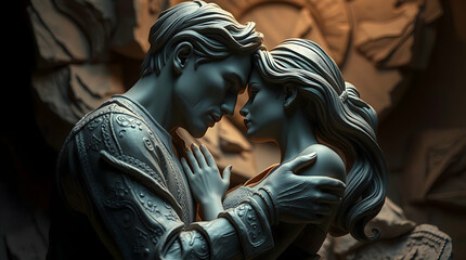Monochromatic Stone Sculpture of Romantic Embrace, Serene Intimacy, Detailed Figures, Soft Lighting, and Abstract Carved Background