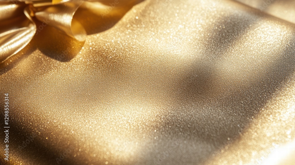 Poster glittering golden gift wrap adorned with a shiny bow captures the essence of celebration and festivi