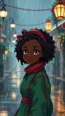 Obraz premium Thoughtful young girl with curly hair in a cozy outfit looking back in a rainy festive street