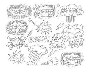 set of hand drawn doodle bubbles. hand-drawn comic-style illustration with explosion effects, speech bubbles, and dynamic action elements.