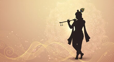 Lord Krishna playing flute amid artistic patterns and soft colors