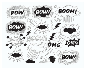 set of hand drawn doodle bubbles. hand-drawn comic-style illustration with explosion effects, speech bubbles, and dynamic action elements.