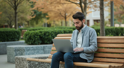 Obraz premium focused man using a laptop on a park bench