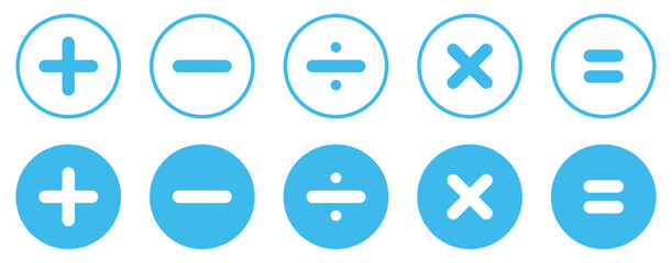 Plus, minus, multiplication, equal, division symbol blue color isolated vector illustration. Set of mathematical icons. Calculator math icons. Flat style.