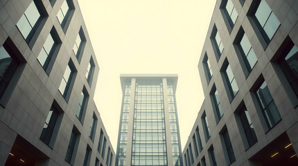 Modern Architectural Scene with Symmetrical Buildings, High-Rise Structure, Minimalist Design, and Overcast Lighting in an Urban Setting