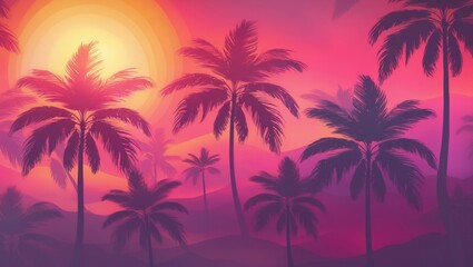 Vibrant sunset over a tropical landscape with palm trees featuring selective focus and bokeh effects creating a dreamy blurred background