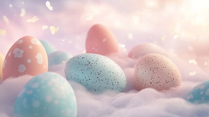 Obraz premium Floating pastel Easter eggs with a soft cloud-like background, dreamy and ethereal holiday theme with gentle lighting.