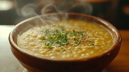 Steaming corn soup, restaurant setting, close-up