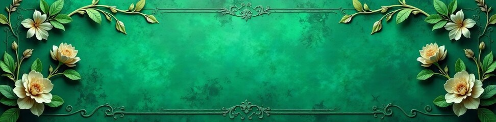 Distressed green backdrop, intricate etched floral ornament , weathered, floral