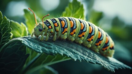Fototapeta premium Vibrant caterpillar crawling on a lush green leaf. Nature's beauty in macro detail.