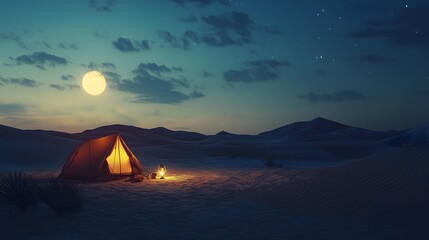 Camping adventure under the moonlight in the desert captivating scene nighttime serenity peaceful atmosphere