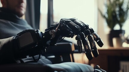 A close up of a man s artificial robotic hand resting on his thigh, showcasing advanced technology and a modern lifestyle in a cozy indoor setting with soft lighting