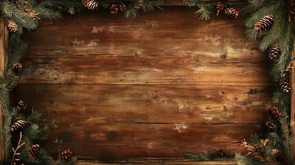 a dark brown color scheme with pine branches and cones along the border of the frame