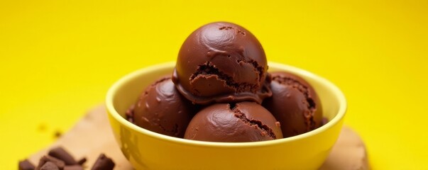 Rich chocolate ice cream, scooped in a bowl, vibrant yellow backdrop, cold, closeup
