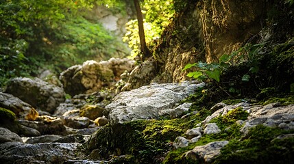 Serene mountain stream flowing through lush green forest nature photography tranquil environment close-up view natural beauty