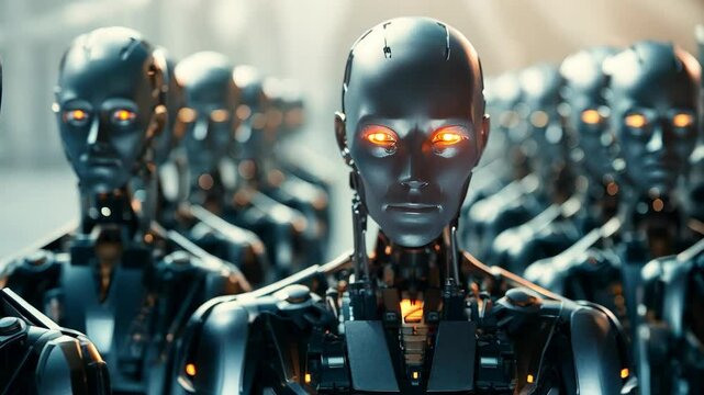 Group of artificial intelligence robots. Group of cyborgs in factors. Modern technologies, AI management. Concept of the future. 3D rendering