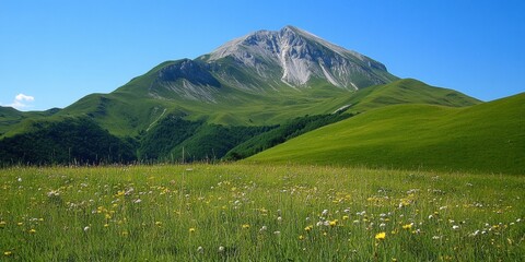 Obraz premium Vibrant wildflowers bloom in lush green fields at the foot of a majestic mountain under a clear blue sky