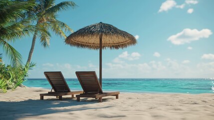 Obraz premium Tranquil tropical retreat lounge chairs by the ocean