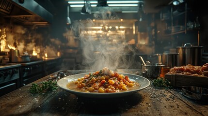 Steaming pasta dish, restaurant kitchen, fire, food photography