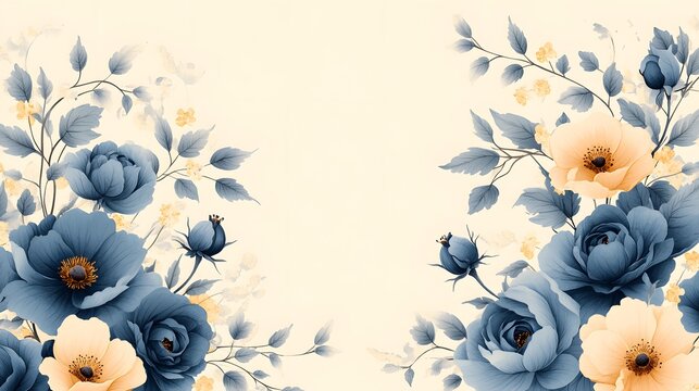 Elegant Blue Floral Border Hand Drawing for Invitations and Brochures with Ample Copy Space