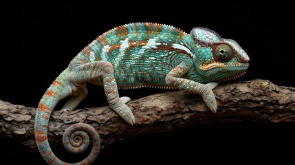 Obraz premium Vibrant chameleon perched on a branch, showcasing its intricate scales and striking colors against a dark background.