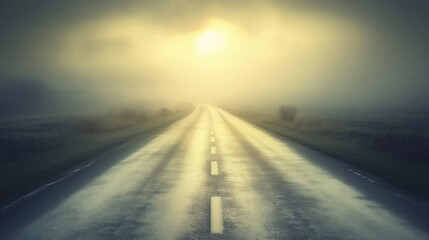 A serene road disappearing into a foggy background with soft light.