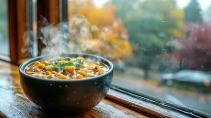 Steaming soup, autumn window, rain, cozy