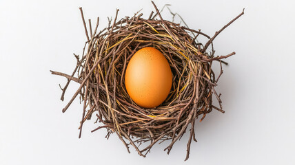 Brown egg within a rustic nest made of interwoven twigs and straw, isolated on a white background