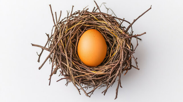Brown egg within a rustic nest made of interwoven twigs and straw, isolated on a white background