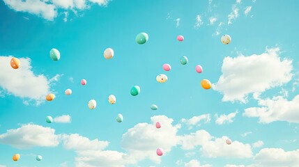 Fototapeta premium Pastel blue sky with fluffy white clouds, tiny floating Easter eggs drifting gently, creating a whimsical seasonal feel.