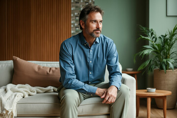 Fototapeta premium contemplative middle-aged man in a blue shirt sits on a light beige couch.