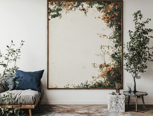In a minimalist interior, a horizontal frame mockup is displayed empty, alongside a plant in a trendy vase, on a white wall background, offering a real photograph template for artwork, paintings,