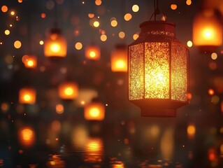 Ambient glow of lanterns casting reflections on serene water surface