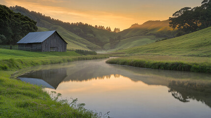 Fototapeta premium A peaceful countryside landscape during sunrise, featuring rolling green hills, a rustic wooden barn, and a winding river reflecting the warm hues of the morning sky. Soft mist adds a dreamy