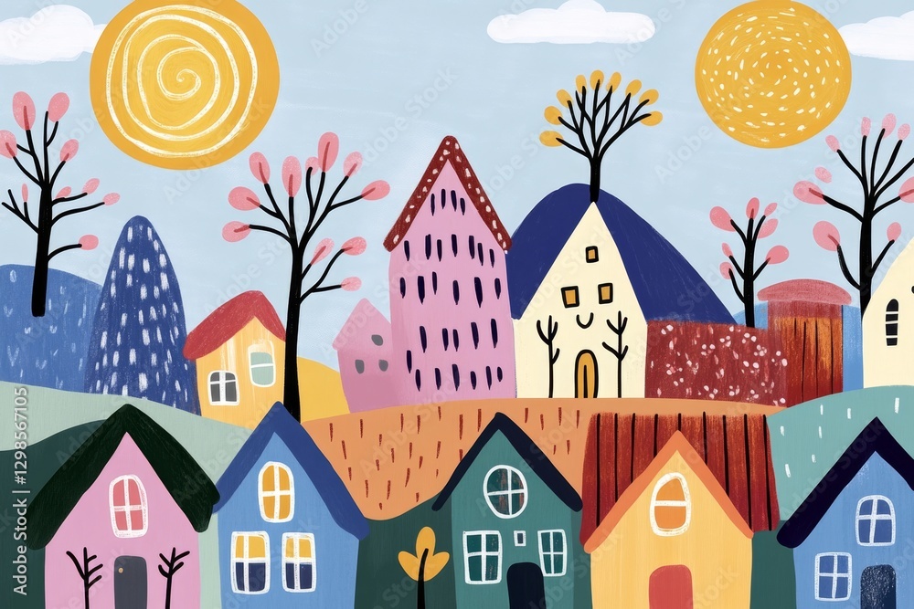 Poster a modern flat design of a small village with tiny houses and trees