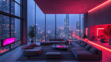 Modern penthouse apartment with stunning city view at night, illuminated with vibrant red neon lights, showcasing a luxurious living space