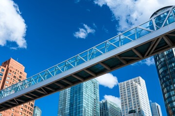 Naklejka premium A modern steel and glass footbridge connecting two skyscrapers in an urban cityscape