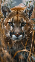 A majestic cougar peers through tall grass, its intense gaze captivating.  The golden light enhances its fur's rich tones.