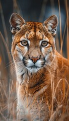 Obraz premium Majestic cougar in tall grass, intense gaze, beautiful fur. A stunning wildlife portrait.