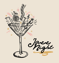 Whimsical Style Jazz Martini Glass vector hand-drawn illustration