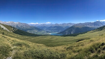 Fototapeta premium Tranquil Alpine Lake with Grass-Covered Hills and Clear Blue Sky, Capturing the Essence of Summer in the Alps, Ideal for Travel and Nature-Themed Designs