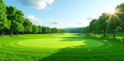 Obraz premium Panoramic golf course, lush green fairways, distant trees, green, vista