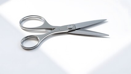 Obraz premium A pair of sleek stainless steel scissors with sharp blades, designed for precision cutting, showcasing a modern and minimalist aesthetic on a bright, light-reflecting surface. 