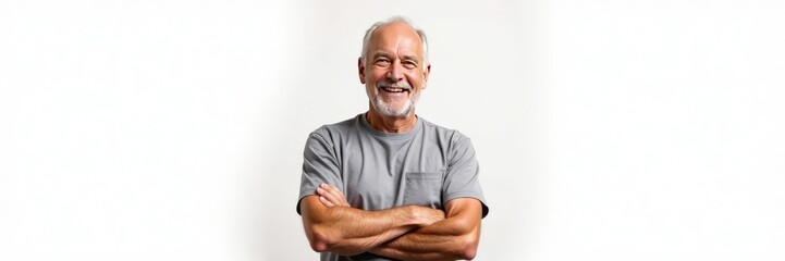 Obraz premium Smiling senior with arms crossed, isolated on white , optimism, cheerful, smile